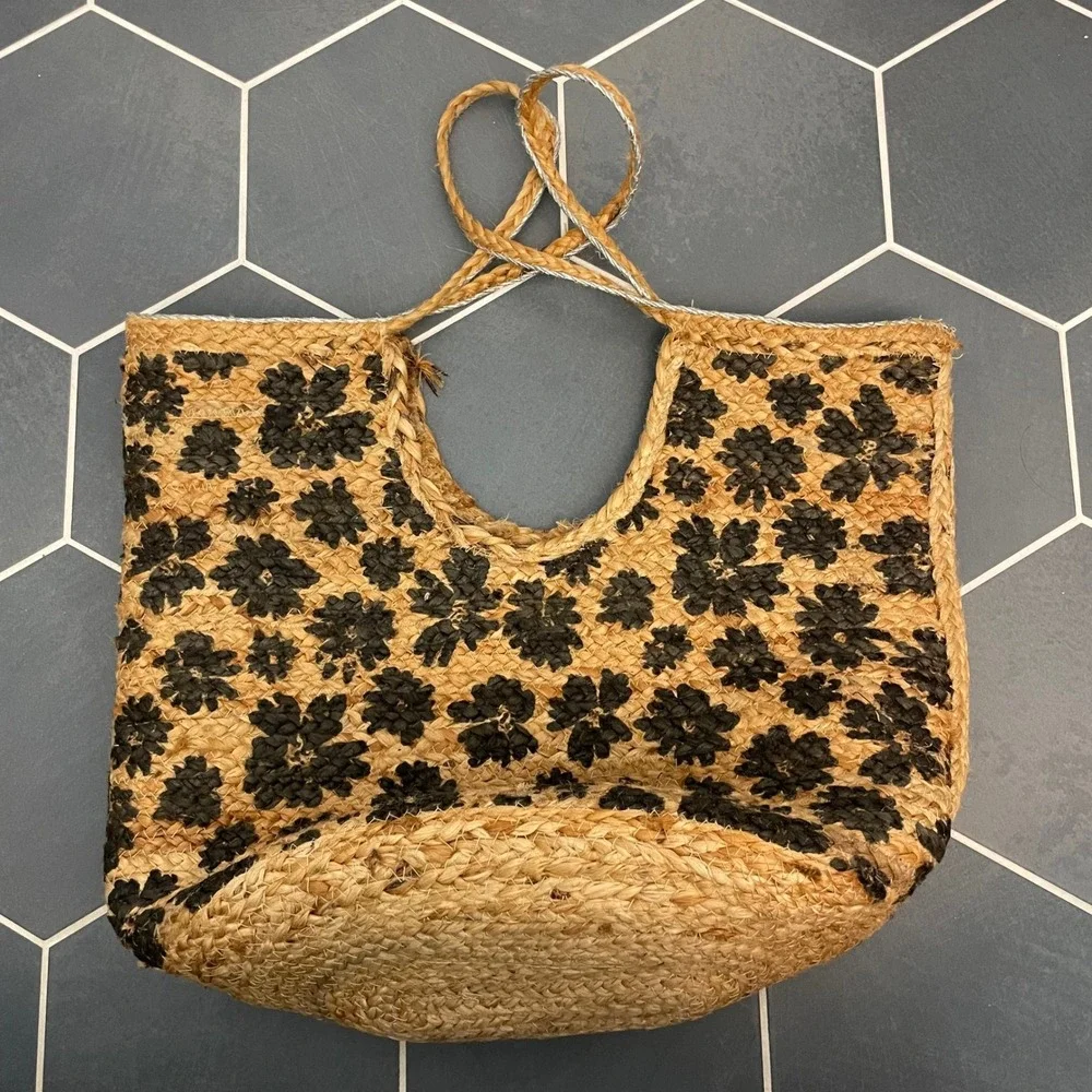 Jute Tote Bag Black Floral Print Tassel Shell Detail Woven Basket‎ Boho Beach